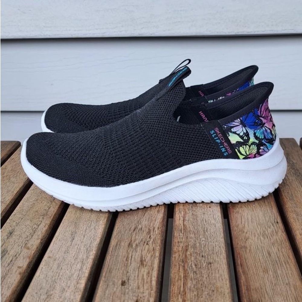 Skechers Black Slip-On Sneakers with Multicolor Butterfly Print